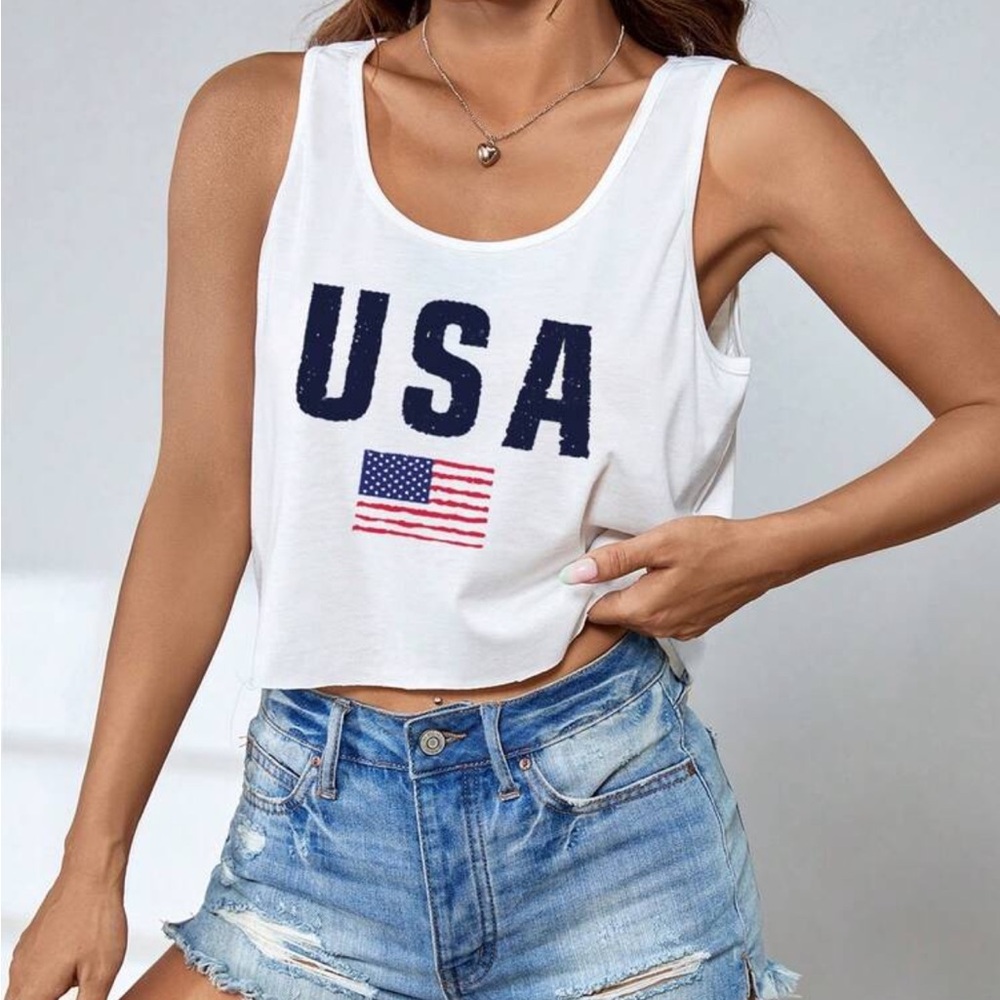 USA Flag Cropped Scoop Neck Tank Top in White
